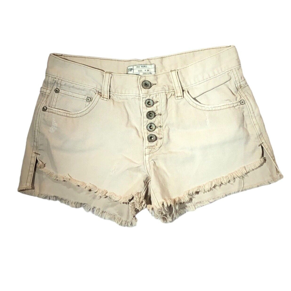 Free People Shorts Womens 24 Tan Denim Low Rise Button Front Frayed Hem Shorties